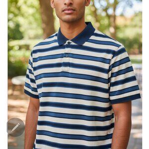 Striped Polo Shirt For Men Navy & Cream Short Sleeve Casual Wear Collared Neck W